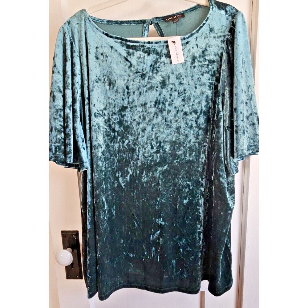 NWT LANE BRYANT crushed velvet flutter sleeve top Sz 22/24 green boat neck